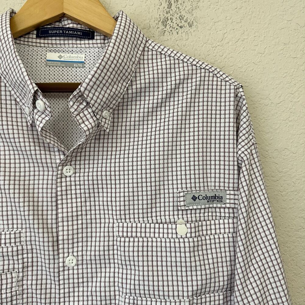 COLUMBIA PFG Super Tamiami Shirt White Burgundy Check Texas A&M Fishing - Picture 5 of 12